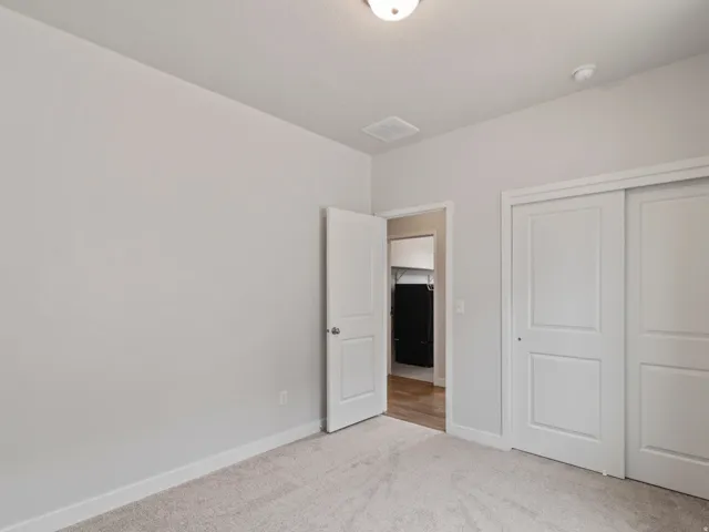 Neutral paint palette with ceiling light fixture, sliding closet doors, and light-toned carpeting