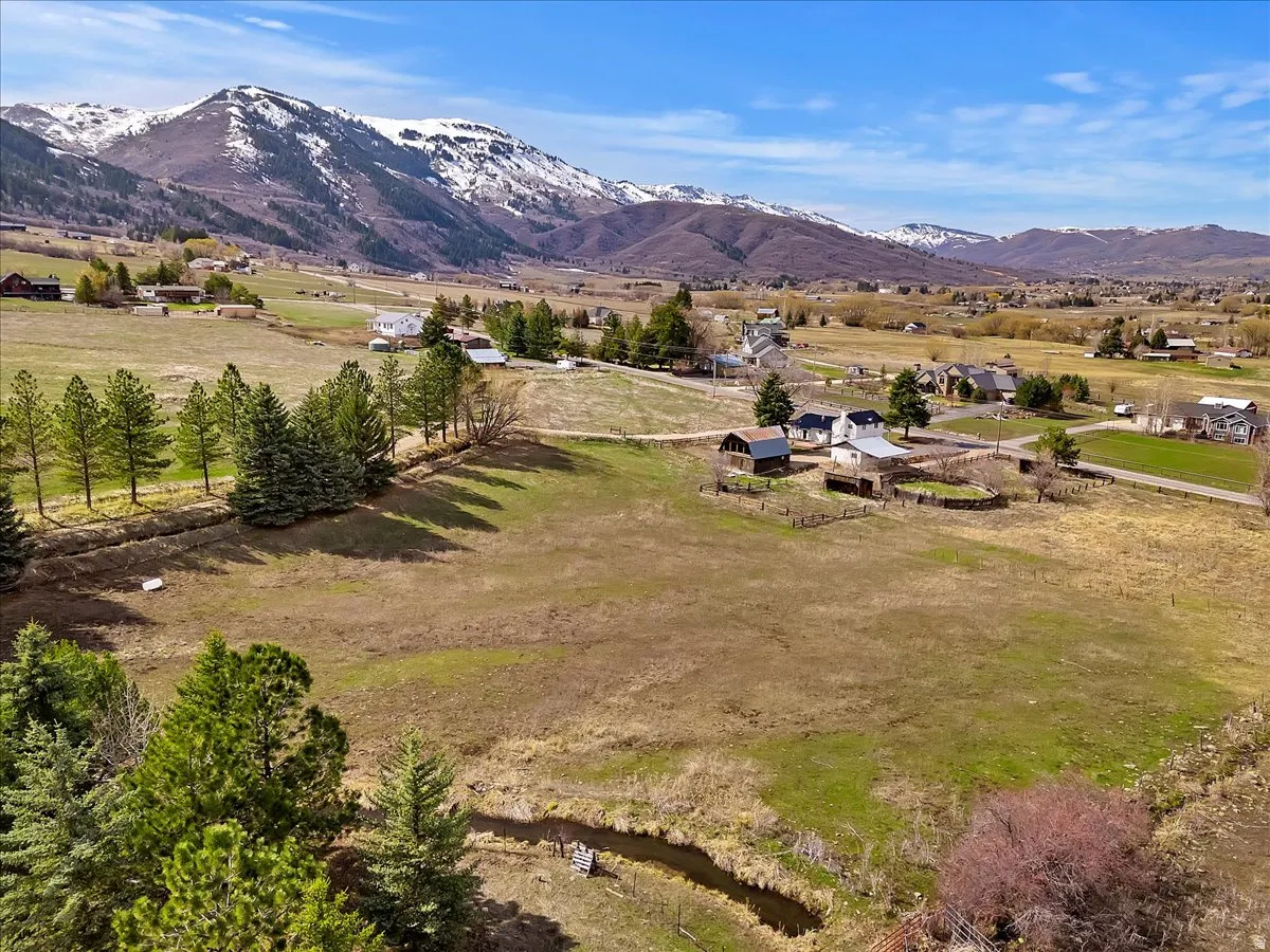 Expansive undeveloped land featuring a meandering stream, mature evergreen trees, and distant snow-capped mountains