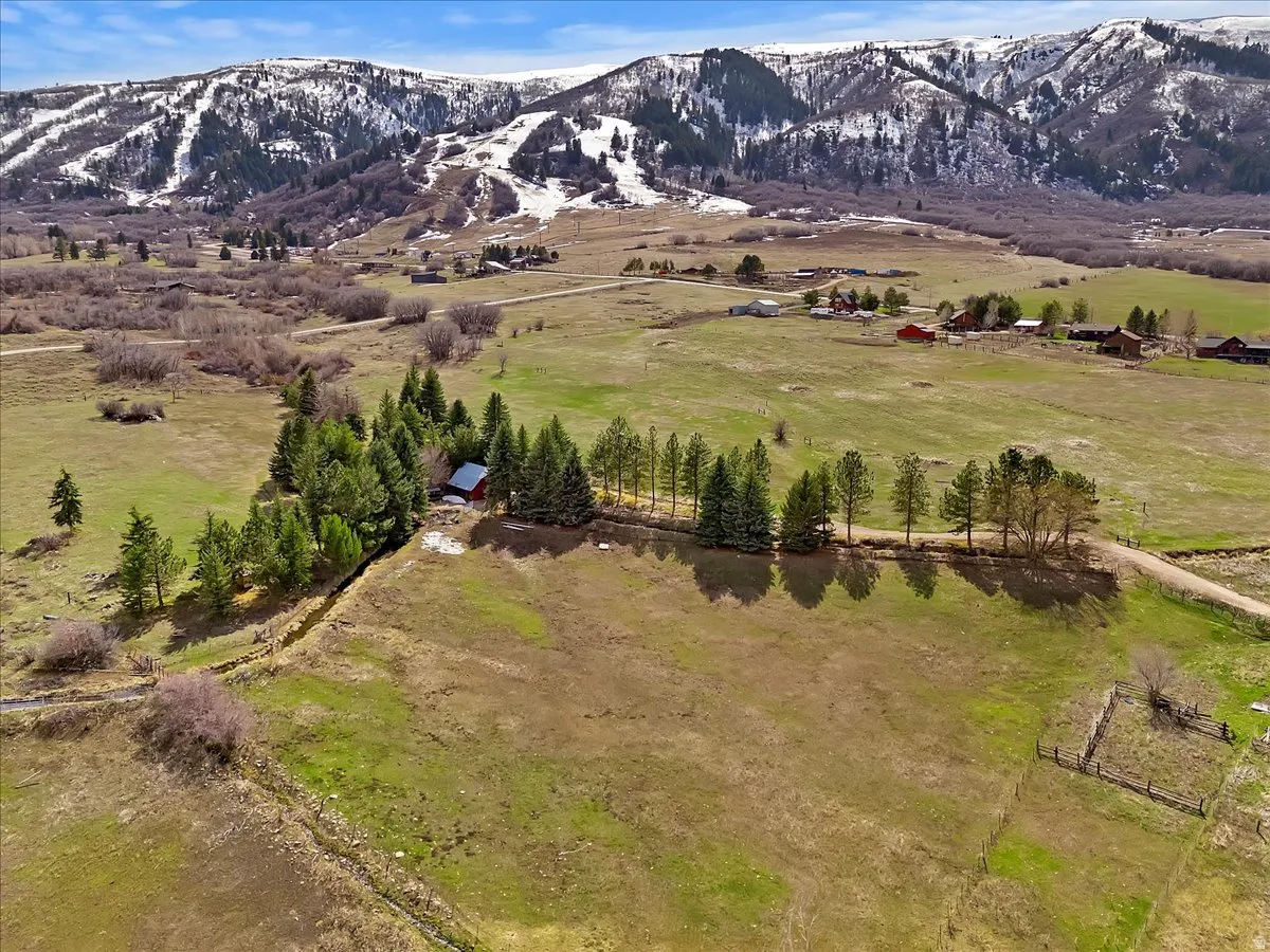 Expansive grassy terrain with scattered trees and a dirt path, bordered by a fence line