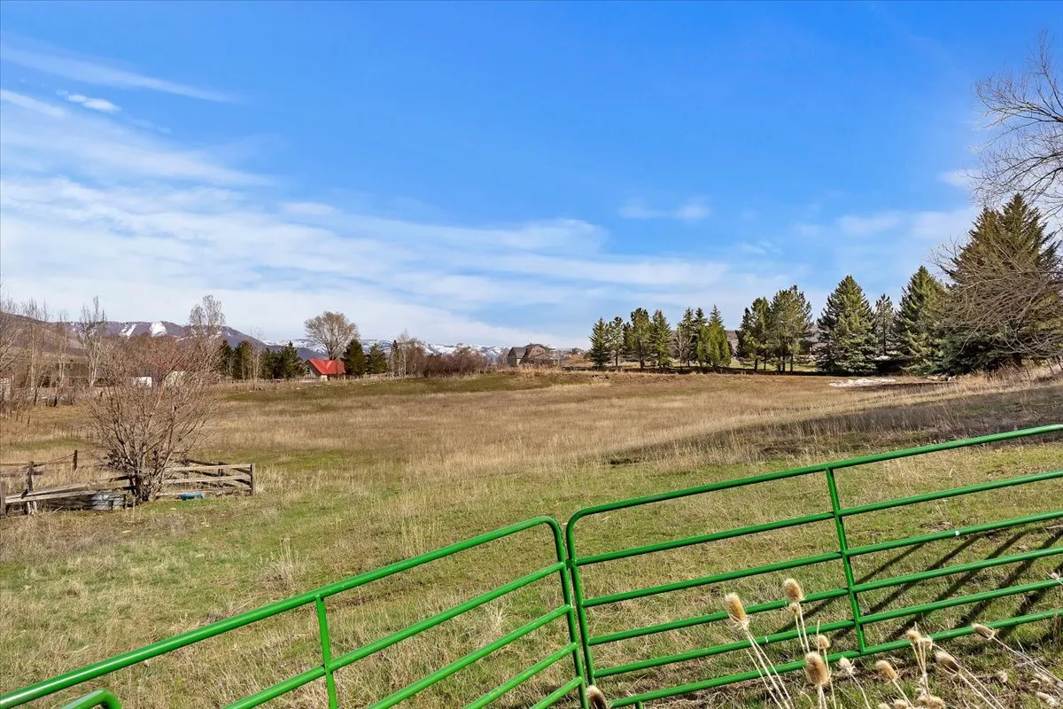 Expansive green pasture with a wood-rail fence and distant mountain backdrop
