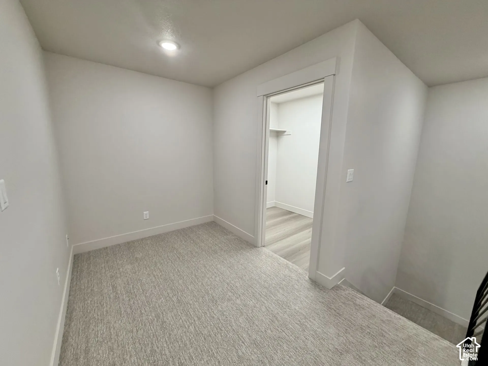 Neutral-toned carpeting, recessed ceiling lighting, and a walk-in closet featuring wood-finish flooring