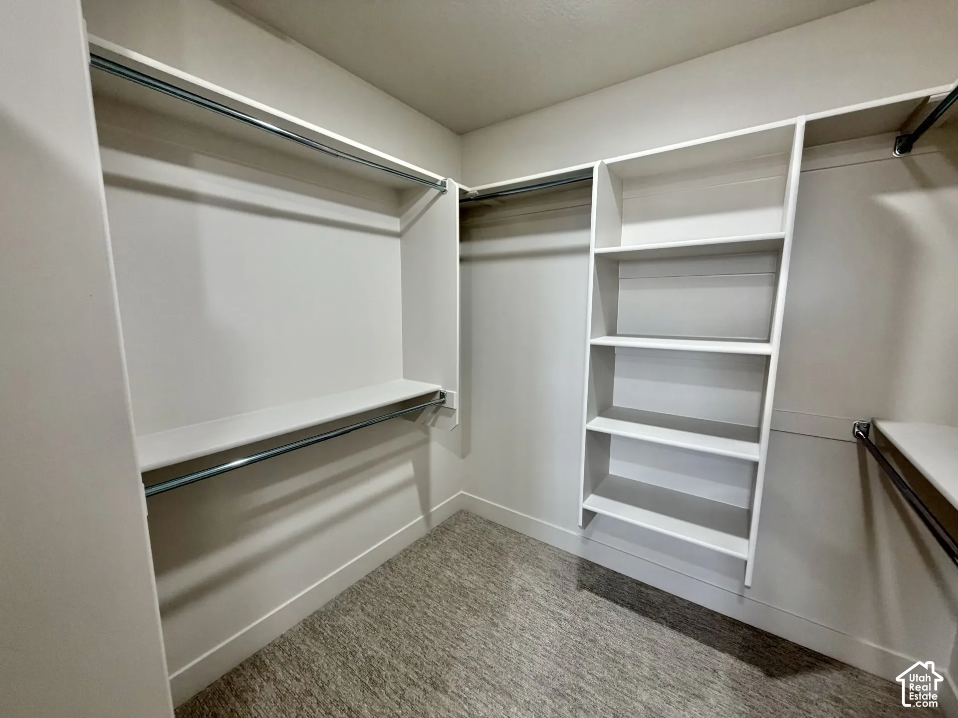 Walk-in closet featuring white built-in shelving, integrated hanging rods, and neutral carpeting