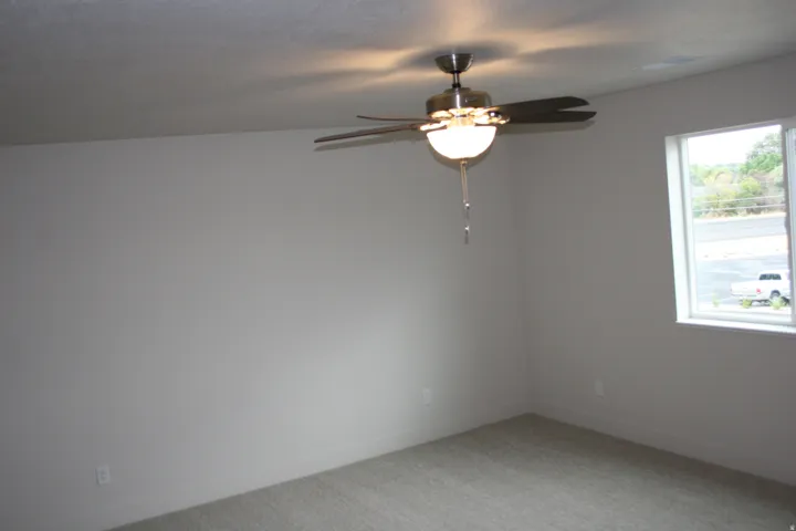 Neutral tone wall paint, flush mount ceiling fan with integrated lighting, window with white trim, and carpet flooring