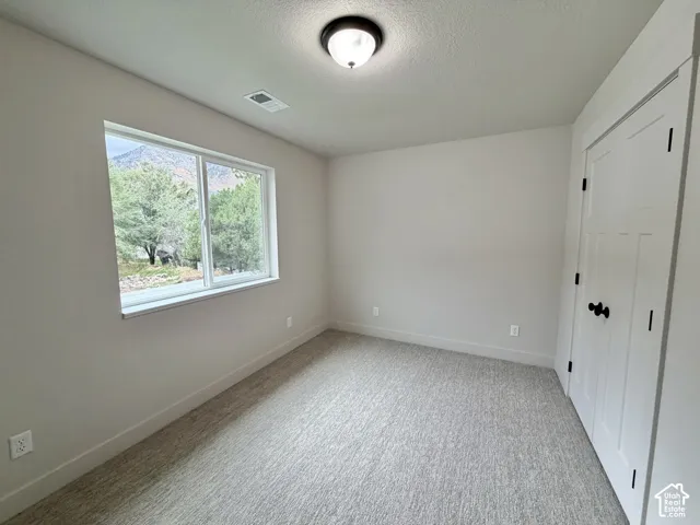 Room featuring neutral wall tones, wall-to-wall carpeting, a multi-panel door with matte black hardware, flush-mount lighting, and a window with mountain scenery