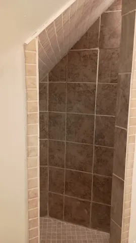Tiled shower enclosure featuring brown wall tiles, light-colored mosaic floor tiling, and coordinating trim
