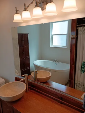 Dual vessel sinks with modern brushed nickel faucets, dark wood-finish vanity, and overhead vanity lighting