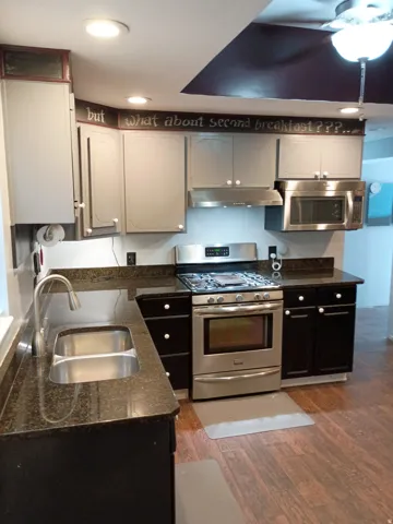 Kitchen featuring black countertops, wood-finish flooring, stainless steel appliances, a double basin sink, and recessed lighting