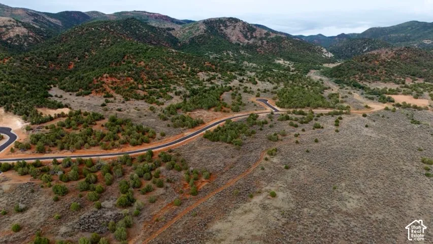 Paved road with a cul-de-sac amidst natural landscaping and mountainous terrain