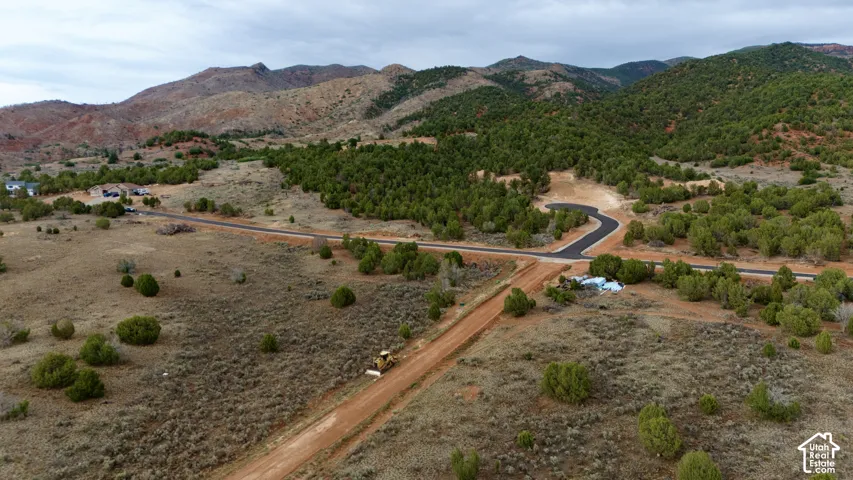 Paved road, natural landscaping, mountainous terrain, wooded areas, winding road