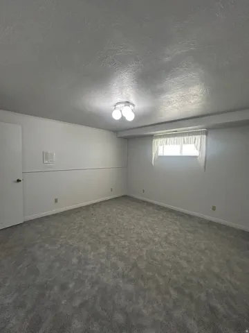 Recessed window opening, neutral tone carpeting, white walls, and a flush-mount ceiling light fixture