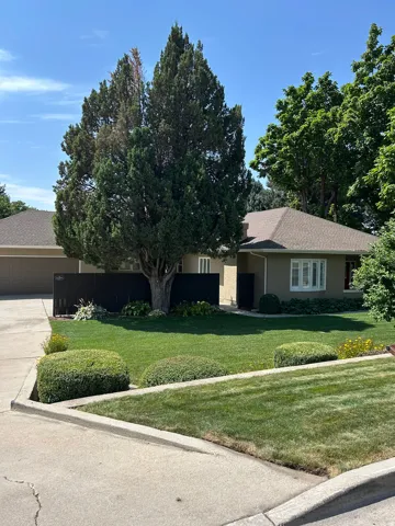 Stucco exterior with a pitched roof, front yard with a mature tree, manicured lawn, and landscaped shrubbery
