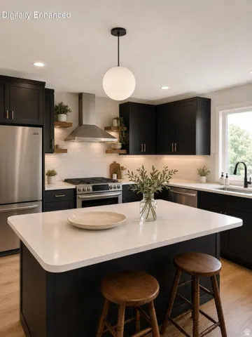 Kitchen featuring dark cabinetry, stainless steel appliances, a center island with a light-toned countertop, and wood-finish flooring