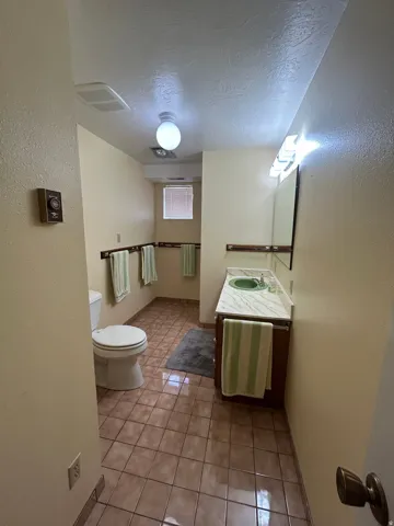 Tile flooring, built-in vanity with countertop and integrated sink, wall-mounted mirror, and a window with blinds