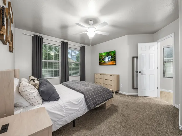 Dual windows with blinds, ceiling fan, carpeted flooring, and a paneled door