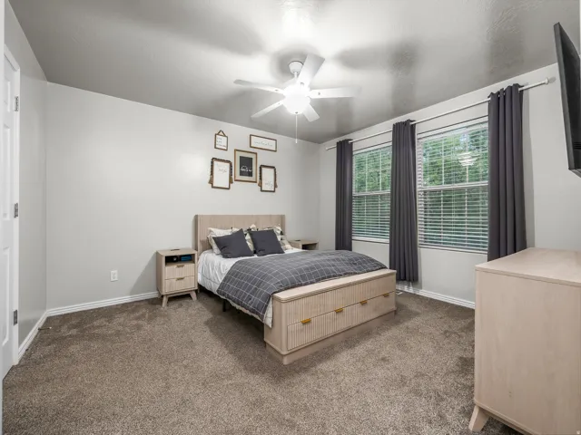 Carpeted flooring, ceiling fan, two windows with blinds, and light-toned walls