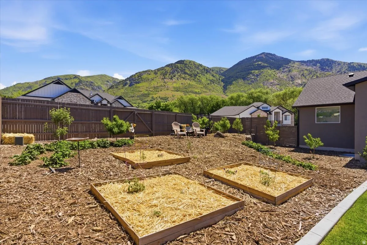 Expansive backyard featuring multiple raised garden beds, wood chip ground cover, a privacy fence, and a mountain backdrop