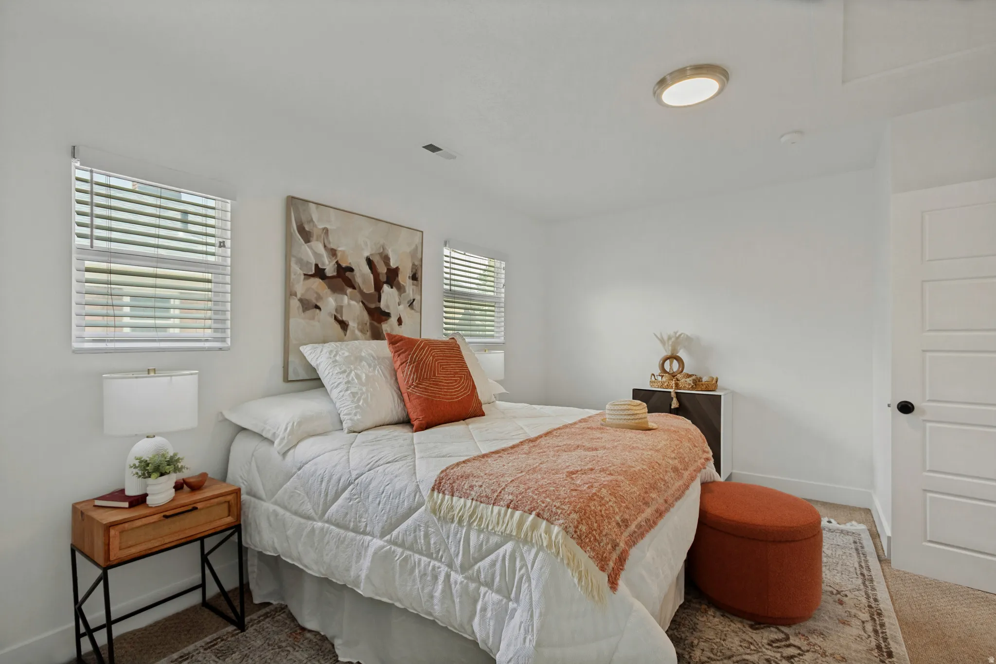 Bright interior with white walls, two windows with blinds, a flush-mount ceiling light, and a paneled door with black hardware