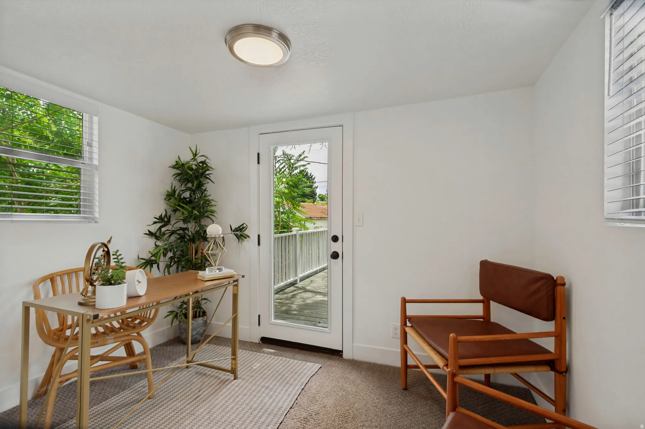 White painted walls, flush mount ceiling light, windows with blinds, glass-paned door, and carpeted flooring