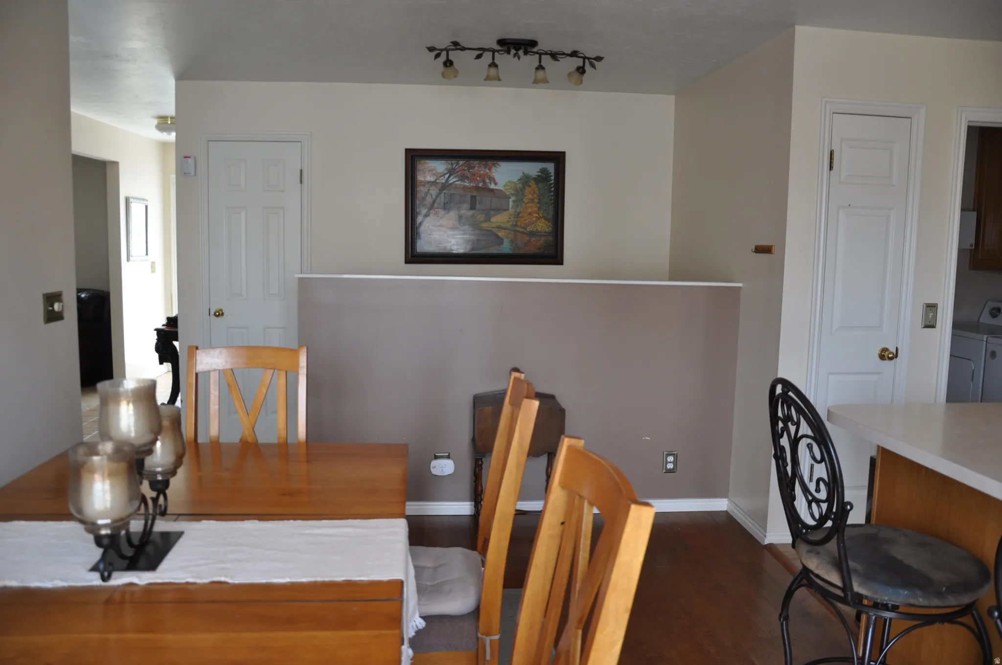 Wood-finish flooring with white trim