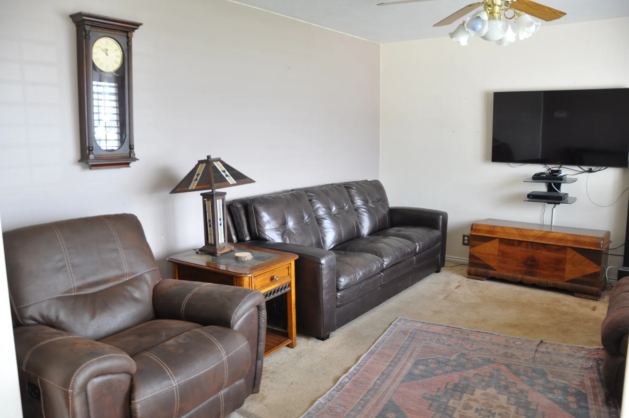 Wall-mounted display, ceiling fan, and carpeted flooring