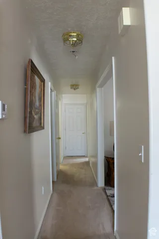 Main level hallway includes the laundry room, a coat closet and two storage closets with built in shelving.