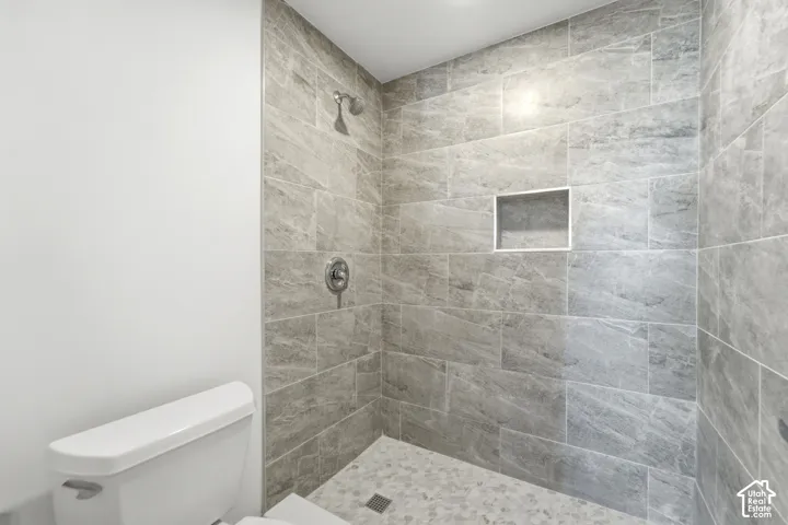 Shower with large format gray tile walls, mosaic tile floor, and a built-in shower niche