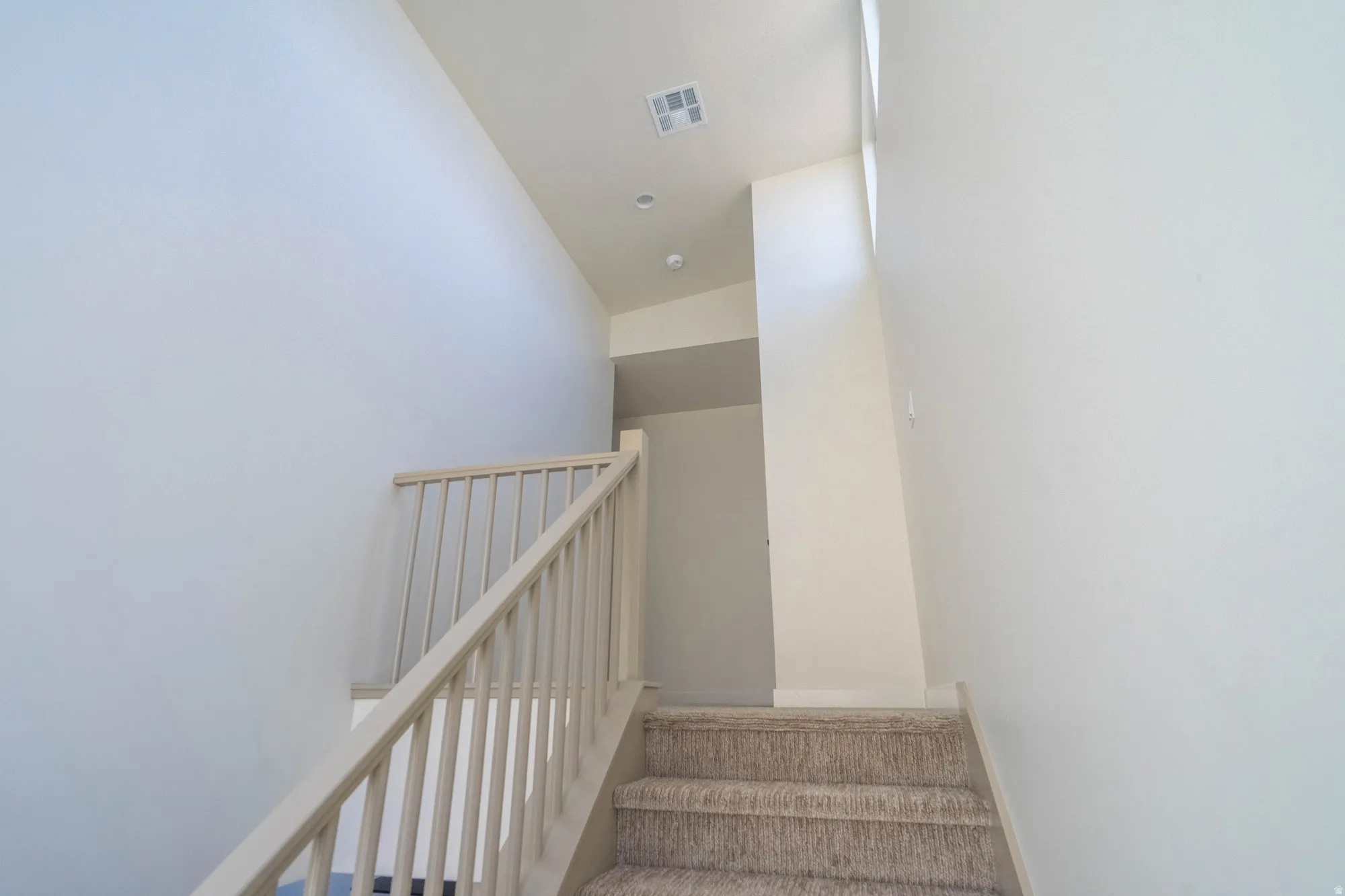 Carpeted staircase with light wood banister and balusters