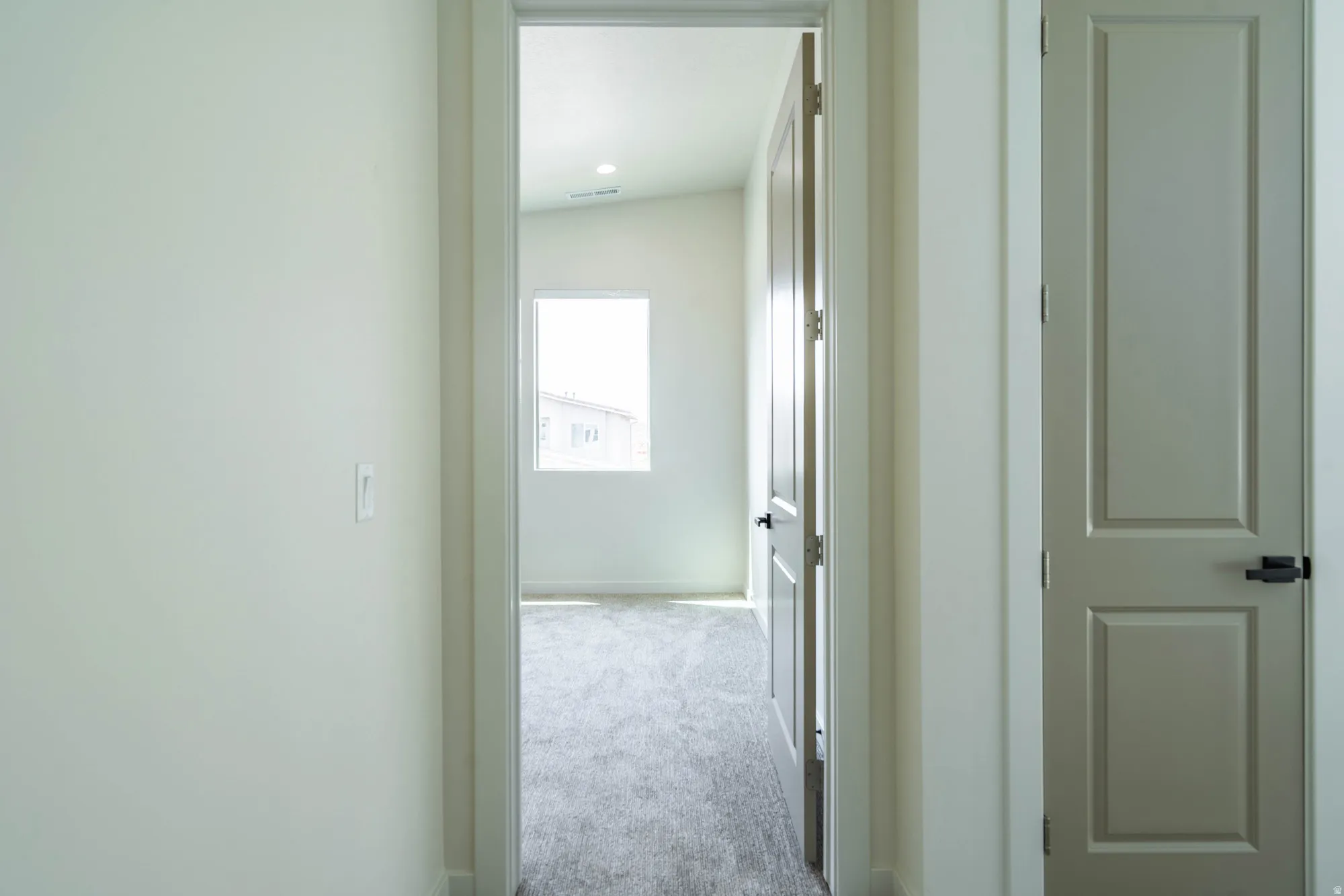 Neutral wall colors, paneled interior doors, black hardware, and gray carpeting