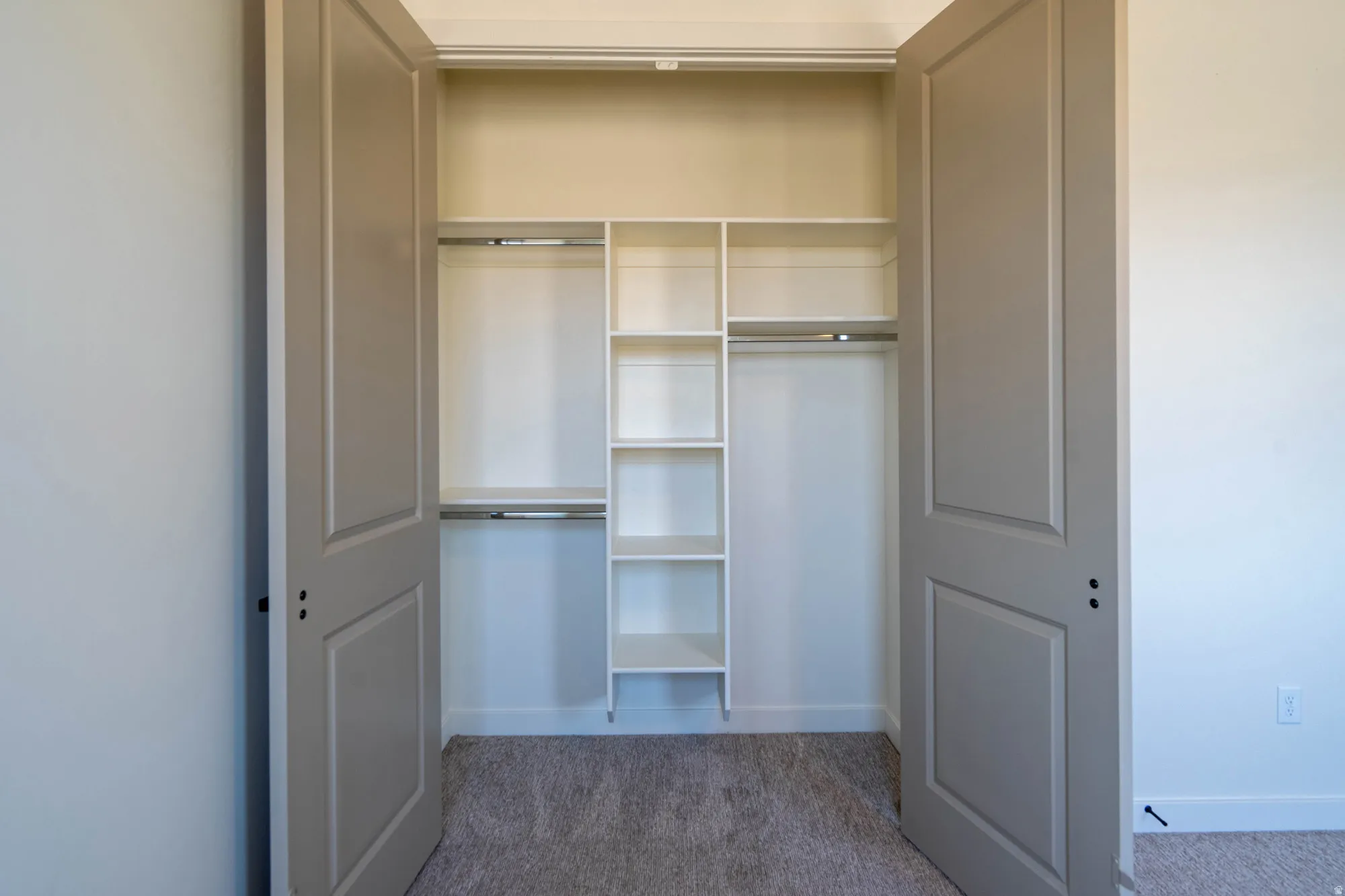 Built-in closet organization system with shelving, dual closet rods, panel doors, and neutral carpeting