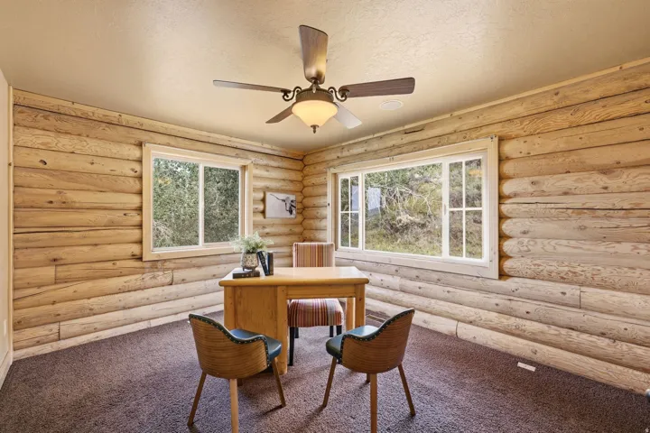 Log-style wall paneling with two windows, a ceiling fan, and carpeted flooring