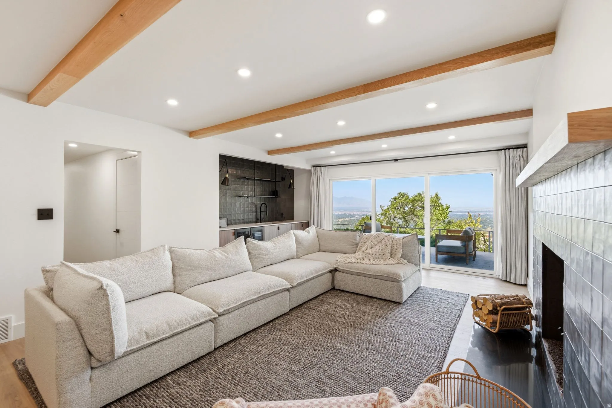 Recessed lighting with wood ceiling beams