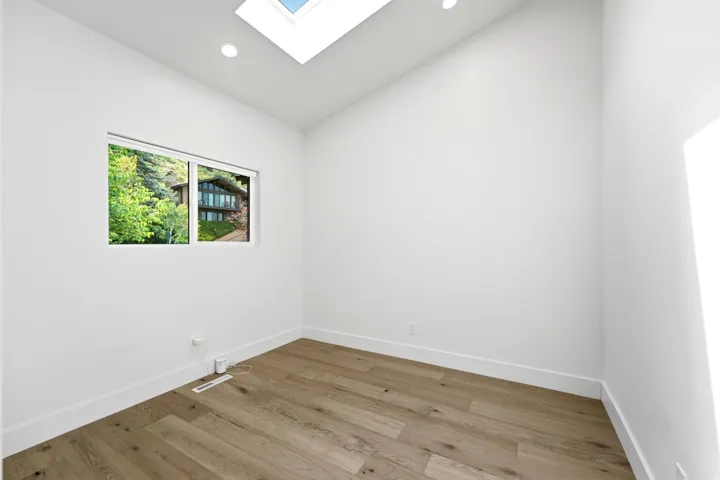 Skylight, recessed lighting, wood-finish flooring, white walls, and a window with exterior foliage