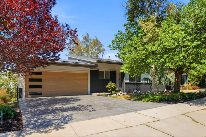 Contemporary exterior with a wood-finish garage door, dark facade, and concrete driveway