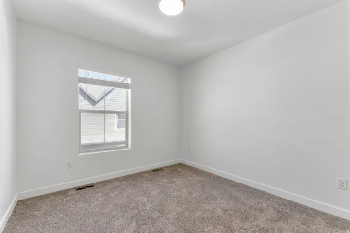 Neutral tone wall paint, window with blinds, carpet flooring, and an overhead light fixture