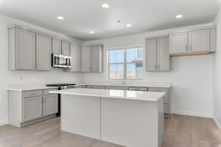 Kitchen featuring an expansive island, light gray cabinetry, stainless steel appliances, recessed lighting, and wood-finish flooring