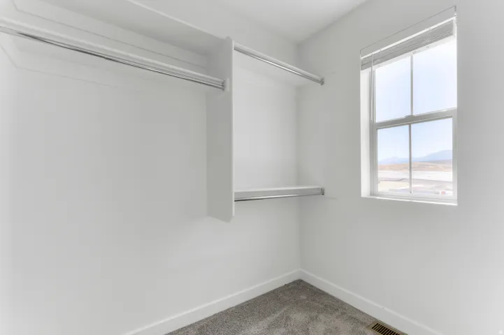 Built-in closet system with shelving and hanging rods, single window, and carpeted flooring