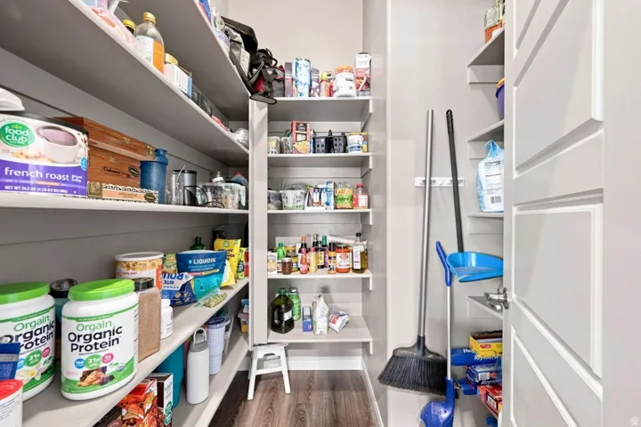 Built-in shelving, wood-finish flooring, and panel door