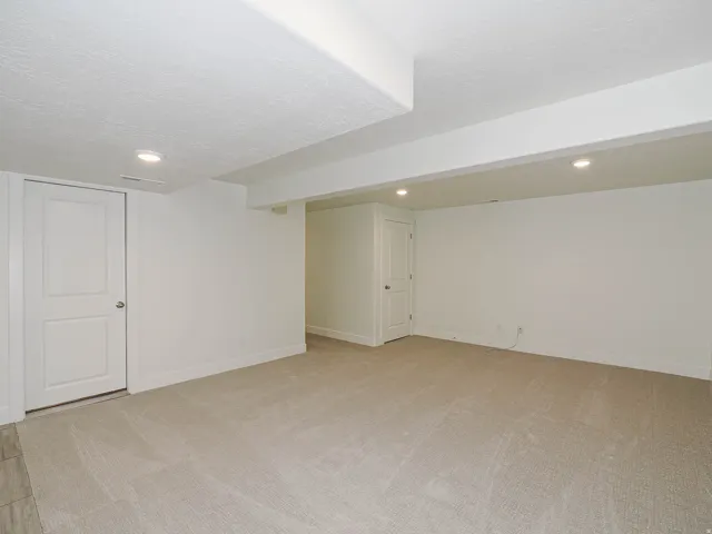 Recessed lighting, light-toned carpeting, white painted walls, white panel doors, and a wood-finish flooring transition