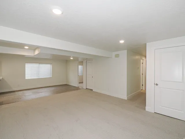 Recessed lighting illuminates the expansive room featuring mixed flooring, including wood-finish planks and carpeting