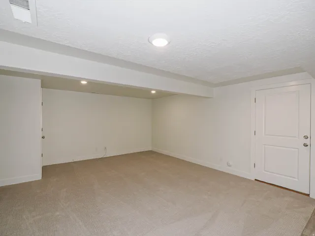 Expansive carpeted area with recessed lighting and a flush-mount ceiling fixture