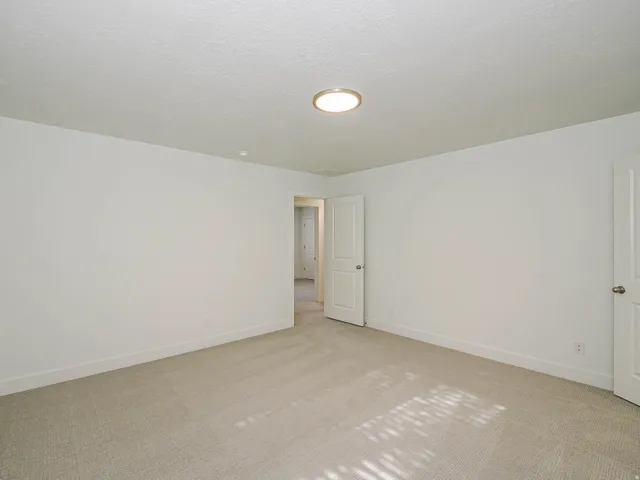 Neutral-toned carpeting, white painted walls, and a flush-mount ceiling light fixture
