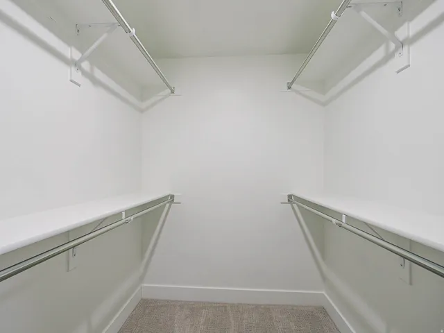 Carpeted closet featuring dual metal hanging rods and white shelving
