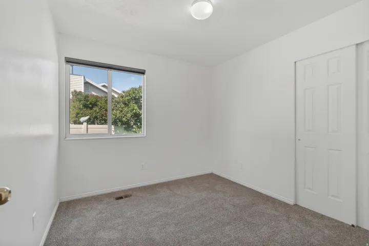 Neutral wall color, carpeted flooring, window with blinds, recessed lighting fixture, sliding panel door