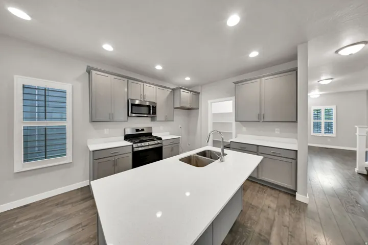 Kitchen featuring a large island with an integrated double sink, stainless steel appliances, grey cabinetry, and wood-finish flooring