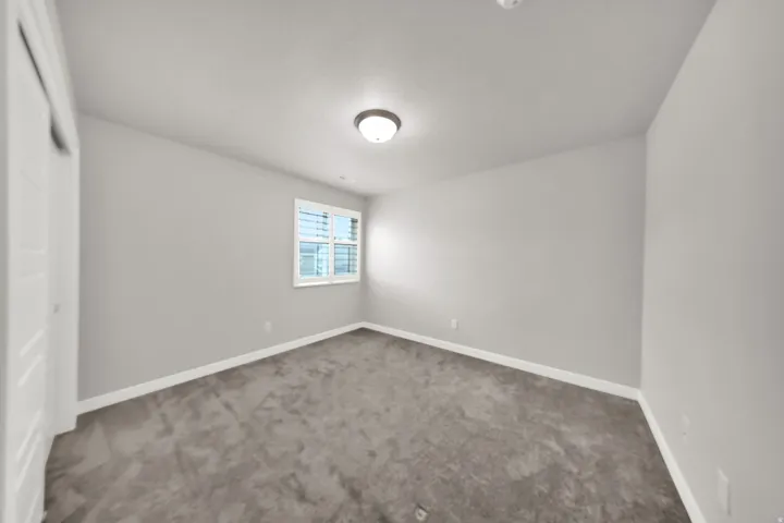Neutral paint palette with carpeted flooring, white trim, and a window with blinds