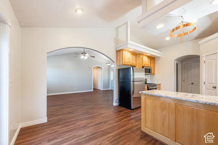 Wood-finish flooring throughout, arched doorways, a kitchen island with a stone countertop, recessed lighting, and stainless steel appliances