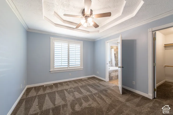 Tray ceiling with a ceiling fan, window with plantation shutters, broad baseboards, and carpet flooring