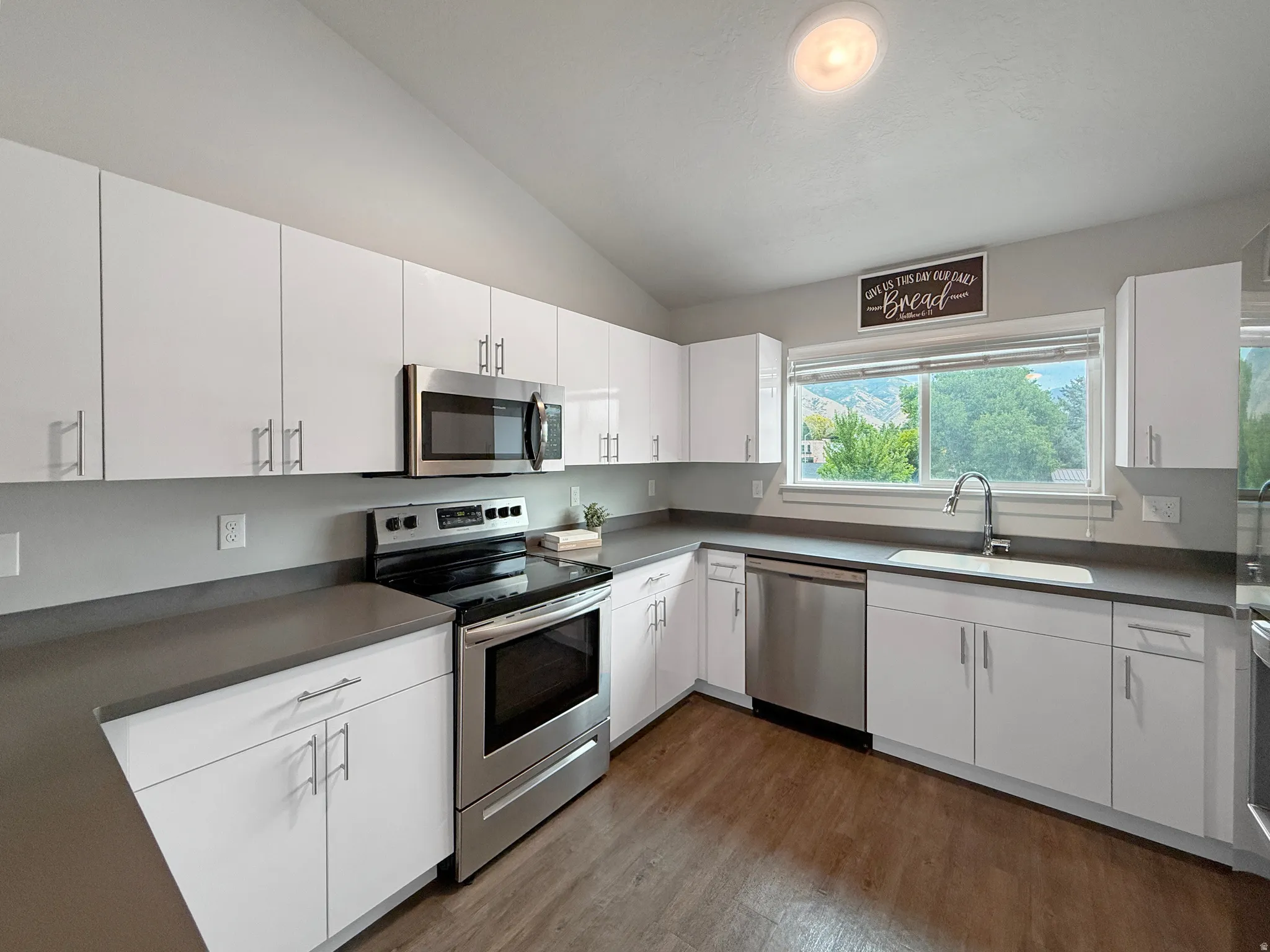 Modern kitchen featuring white cabinetry, stainless steel appliances, dark countertops, wood-finish flooring, and a large window