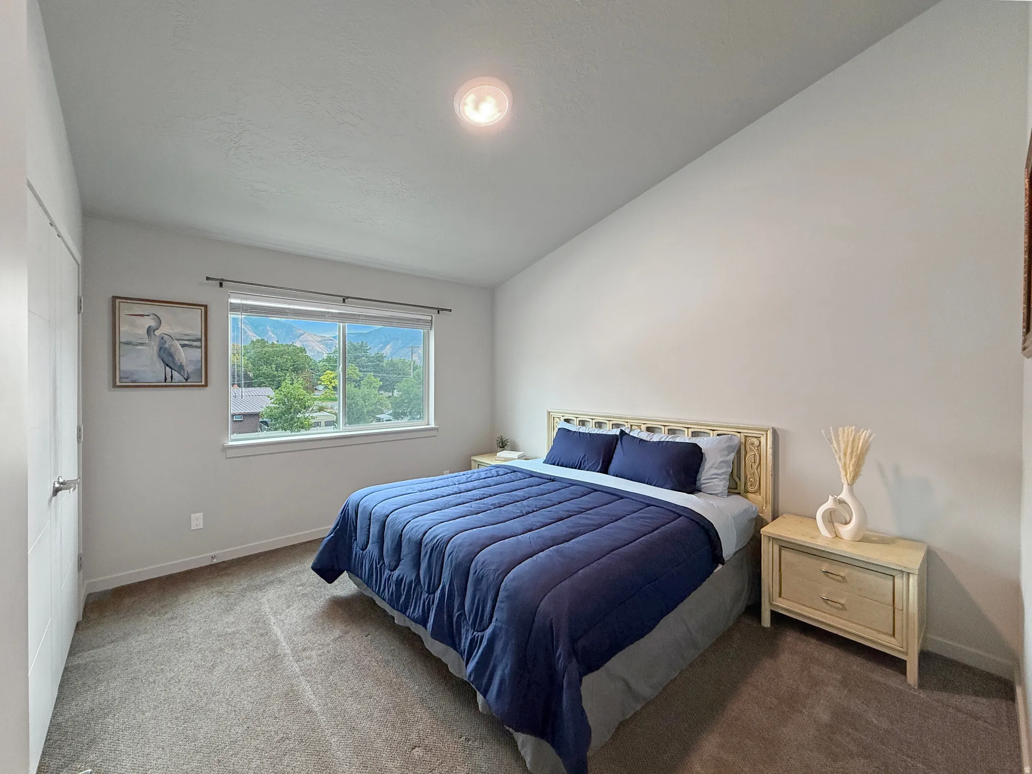 Vaulted ceiling, carpeted flooring, large window, mountain scenery, overhead lighting
