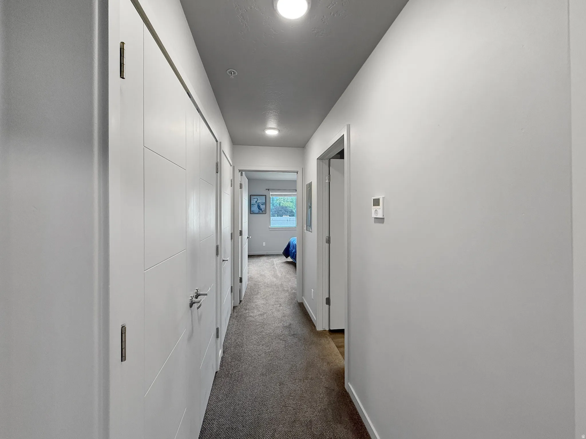Hallway with recessed lighting, paneled doors, and carpet flooring
